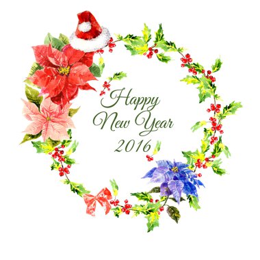 Elegant watercolor wreath with flowers, foliage, Santa Clause hat