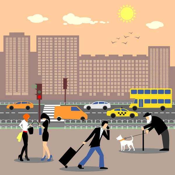 People in the city center. Busy traffic and skyscrapers — Stock Vector