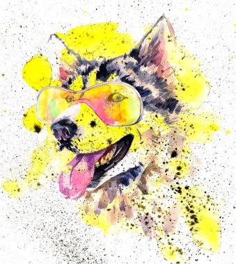 Watercolor siberian husky dog in glasses and yellow splashes