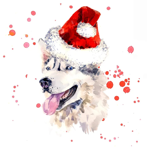 Aquarell Schäferhund mit rotem Weihnachtsmann-Hut — Stockfoto