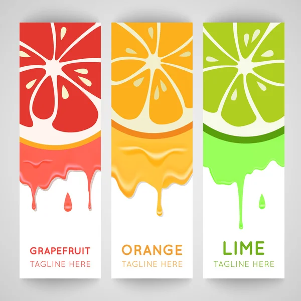 Three bright banner with stylized citrus fruit and splashes — Stock Vector