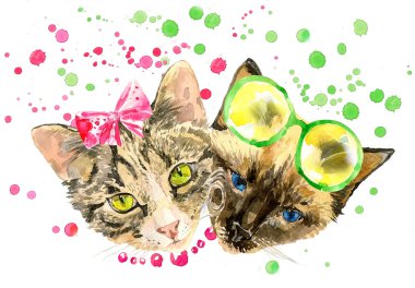 Fashionable watercolor cats isolated on white background