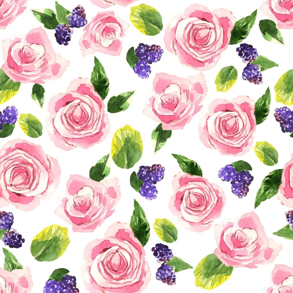 Pattern with tender pink roses, bluberries and green leaves