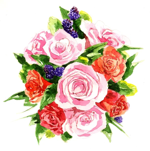 Large watercolor bouquet of peony, roses and violets — 图库照片