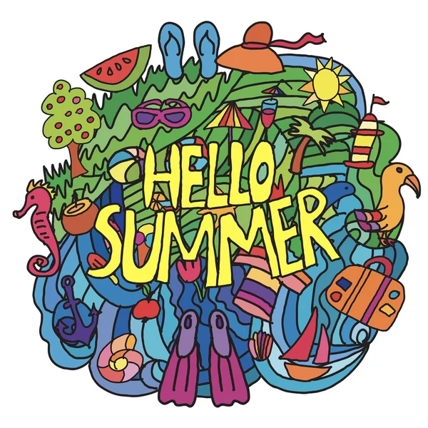 Itens de verão em estilo cartoon com Olá verão —  Vetores de Stock