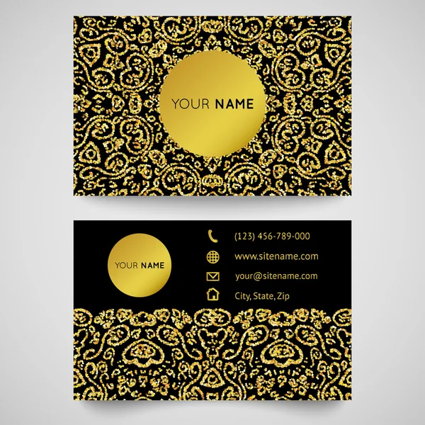 Business card template, golden pattern on black background — Stock Vector