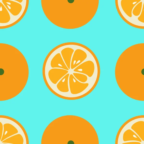 Lindo patrón sin costuras con rebanadas de naranja sobre fondo azul — Vector de stock