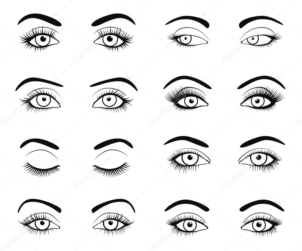 Set of female eyes and brows image with beautifully fashion eyelashes. Vector illustration for health glamour design. Black and white colors. Close and open woman eyes.