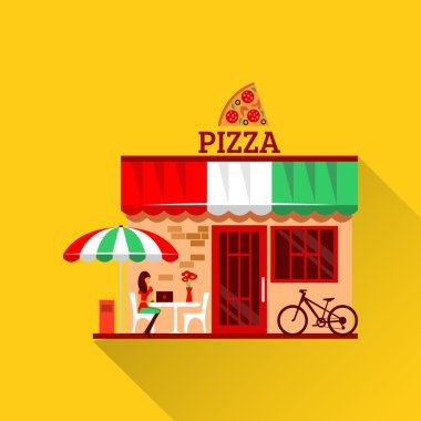Vector of pizza restaurant with terrace in front clipart