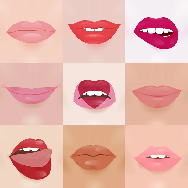 Set di labbra glamour con diversi colori di rossetto — Vettoriale Stock