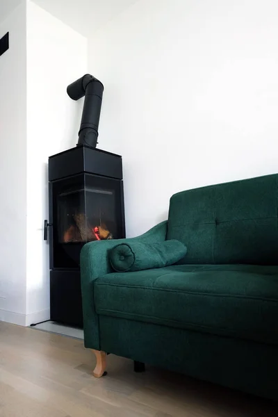 Modern scandinavian living room with green sofa and a modern freestanding contemporary fireplace