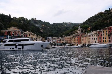 Yatlar ve Eğlence Tekneleri - Renkli Geleneksel Evler - Portofino, İtalya - İtalyan Rivierası 'nda Küçük Limanı olan Lüks Lüks Yüksek Kalite Küçük Şehir