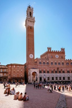 Torre del Mangia ve Palazzo Comunale Piazza del Campo 'da - Clear Blue Sky - Siena, Toskana, İtalya