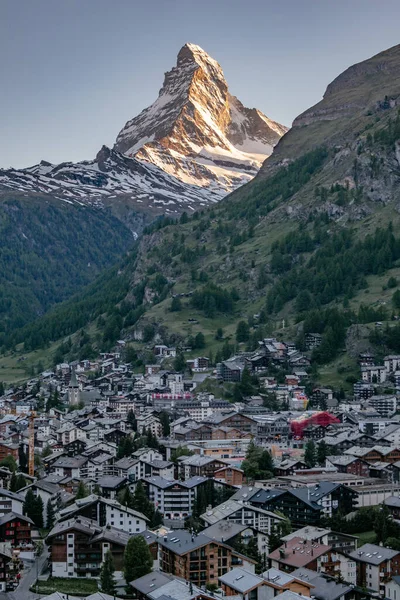 The Mighty and Beautiful Matterhorn Peak with Zermatt in Foreground - The Famous and Iconic Swiss Mountain in the Alps, Zermatt, Valais, Switzerland