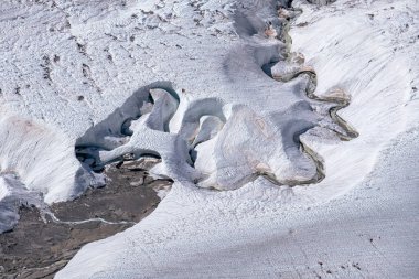 Buzulda eriyen buz - Buzulun dokusu. Güzel panoramik İsviçre Alpleri dağ manzarası. Monte Rosa ve Gorner Buzulu, Zermatt, Canton Valais, Wallis, İsviçre