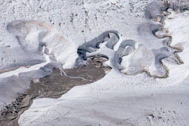 Buzulda eriyen buz - Buzulun dokusu. Güzel panoramik İsviçre Alpleri dağ manzarası. Monte Rosa ve Gorner Buzulu, Zermatt, Canton Valais, Wallis, İsviçre