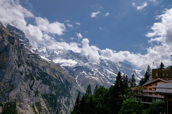 Panoráma Aerial Kilátás Lauterbrunnen Völgyre Murren Small Village Jungfrau Régió — Stock Fotó