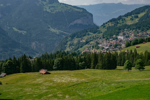 Panorama Vanuit Lucht Vanuit Wengen Zwitserse Alpen Lauterbrunnen Valley Jungfrauregio — Stockfoto