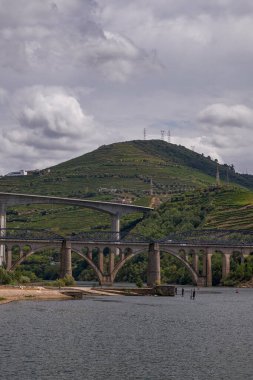 Demir Köprü - Douro Nehri Vadisi 'ndeki Cruise Boat' un manzarası - Portekiz 'in Pinho şehrinde dağlarda oyulmuş Çiftlik Terasları ile birlikte Port Şarap Bölgesi