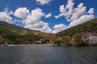 Douro Nehri Vadisi 'ndeki Cruise Boat' tan görüntü - Portekiz 'in dağlarında oyulmuş Çiftlik Terasları ile birlikte Port Wine Bölgesi