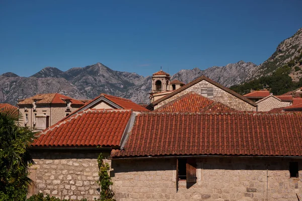 Arkasında dağ manzarası olan geleneksel kırmızı kiremit çatıları - Kotor, Karadağ