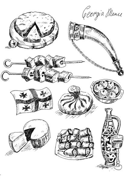 Ilustración gráfica dibujada a mano de cocinas georgianas. Vector — Vector de stock