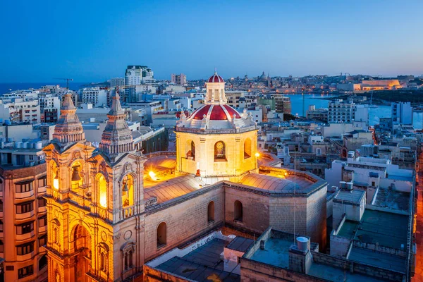 Malta Sliema Iglesia Iluminada Por Noche — Foto de Stock