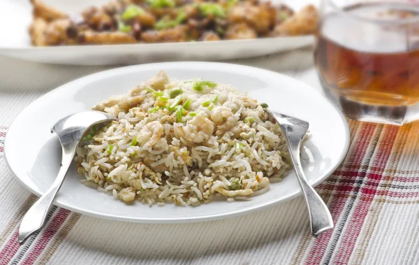 Fried rice with Chicken and Drinks — Stock Photo, Image