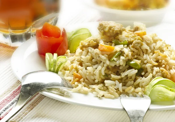 Fried rice with Chicken and Drinks — Stock Photo, Image