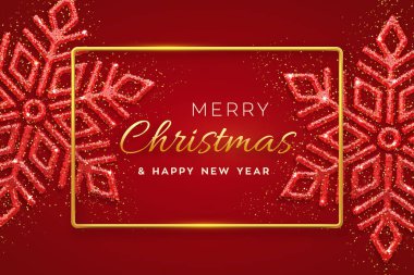 Parlak kar taneleri olan kırmızı bir Noel arkaplanı. Mutlu noel tebrik kartları. Noel tatili ve yılbaşı posteri, web afişi. Vektör İllüstrasyonu