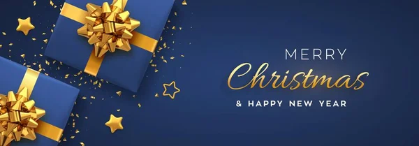 Banner Navidad Cajas Regalo Realistas Azules Con Lazo Dorado Estrellas — Vector de stock