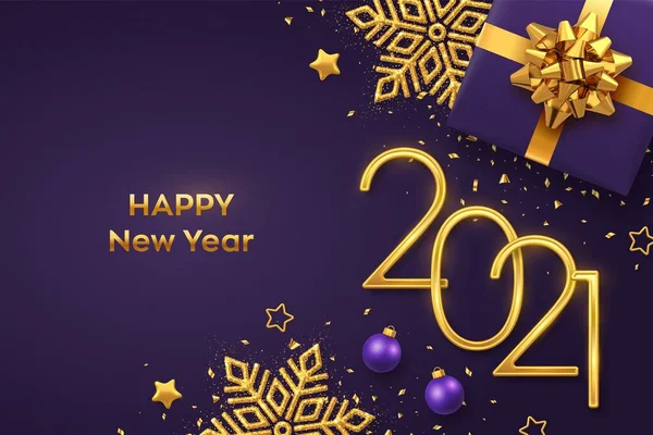 Šťastný Nový Rok2021 Zlatá Metalická Čísla 2021 Dárkovou Krabičkou Zářící — Stockový vektor