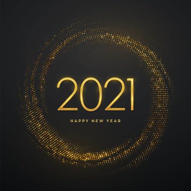 Mutlu yıllar 2021. Parlak arka planda 2021 numaralı altın metalik lüks. Tebrik kartı için gerçekçi bir işaret. Arkaplanda pırıltılar uçuşuyor. Bayram posteri ya da afişi. Vektör illüstrasyonu