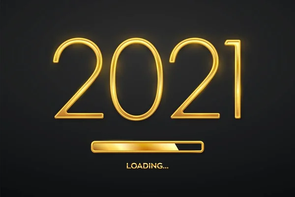 Happy New 2021 Year. Golden metallic luxury numbers 2021 with golden loading bar. Party countdown. Realistic sign for greeting card. Festive poster or holiday banner design. Vector illustration