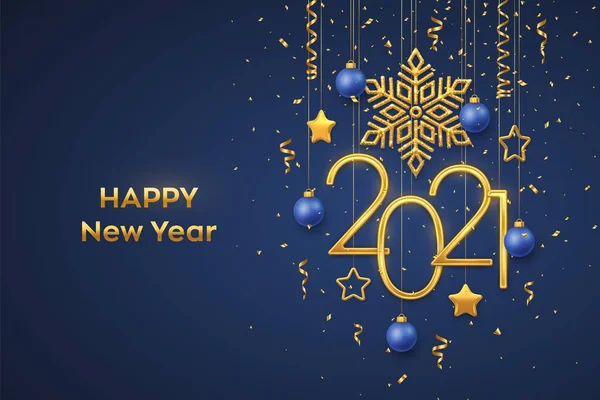Feliz Año Nuevo 2021 Colgando Números Metálicos Dorados 2021 Con — Archivo Imágenes Vectoriales