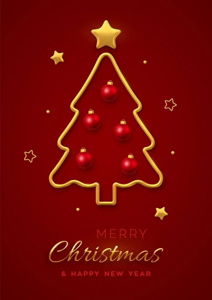 クリスマスグリーティングカード黄金の金属クリスマスツリー 赤いボールの泡と黄金の星と最小限のデザイン 新年のポスター カバーまたはバナーテンプレート 休日の装飾 ベクターイラスト — ストックベクタ