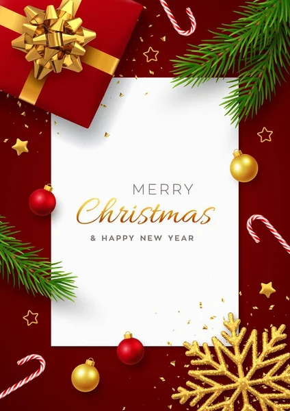 Kare kağıt pankartlı Noel arkaplanı, altın yaylı kırmızı hediye kutusu, çam dalları, altın yıldızlar ve parıltılı kar taneleri, toplar, şeker kamışları. Xmas geçmişi, tebrik kartları. Vektör