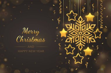 Siyah arka planda 3 boyutlu metalik yıldızlarla parlayan altın kar taneleri. Kopyalama alanı olan Noel tebrik kartı. Yeni yıl posteri, kapak ya da afiş şablonu. Tatil dekorasyonu. Vektör illüstrasyonu