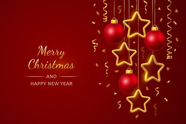 金色の星とボールを赤い背景にコンフェッティできらめく コピースペースでクリスマスグリーティングカードを光る 新年のポスター カバーまたはバナーテンプレート 休日の装飾 ベクトル — ストックベクタ