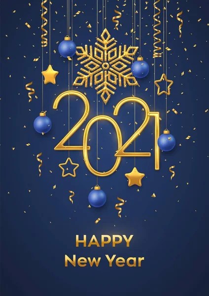 Šťastný Nový Rok2021 Visící Zlatá Kovová Čísla 2021 Zářící Sněhovou — Stockový vektor