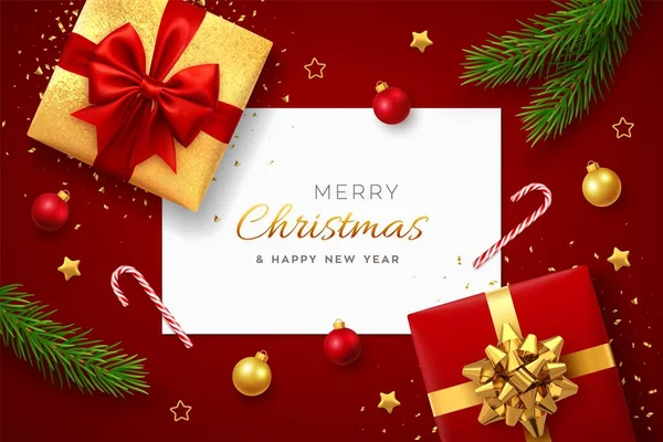 Kare kağıt pankartlı Noel arkaplanı, kırmızı ve altın fiyonklu kırmızı hediye kutuları, çam dalları, altın yıldızlar ve pırıltılı konfetiler, mücevherler. Xmas geçmişi, tebrik kartları. Vektör