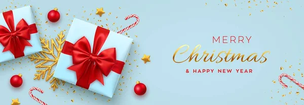 Banner Navidad Cajas Regalo Azules Realistas Con Lazo Rojo Estrellas — Vector de stock