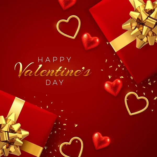 Happy Valentine Day Banner Template Реалистичные Подарочные Коробки Золотым Луком — стоковый вектор