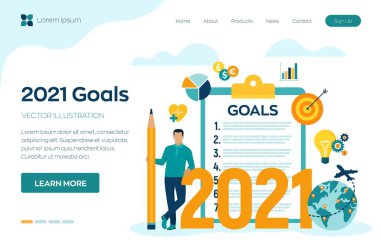 2021 Yeni Yıl Hedefleri Listesi. Gelecek Hedefleri ve Planları. 2021 Yıllık Yılbaşı Planlama Listesi iş motivasyonu, ilham konsepti. Karakter ve simgelerle vektör illüstrasyonu