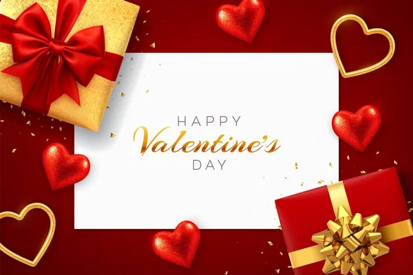 Happy Valentine Day Red Background Square Paper Banner Реалистичные Подарочные — стоковый вектор