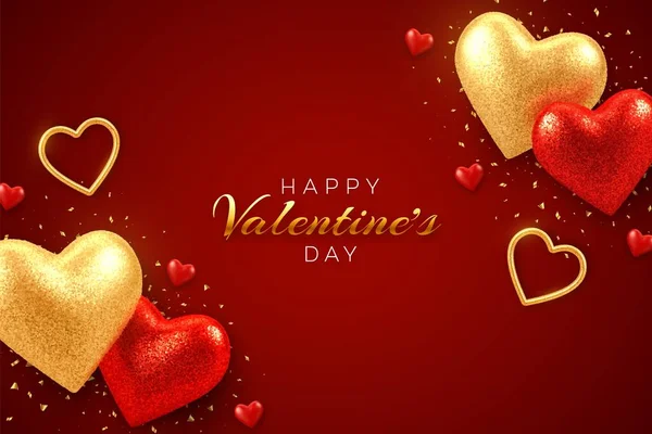 День Святого Валентина Банер Блискучими Реалістичними Червоними Золотими Кульками Серця — стоковий вектор