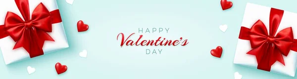 Happy Valentine Day Banner Header Website Реалистичные Подарочные Коробки Красным — стоковый вектор