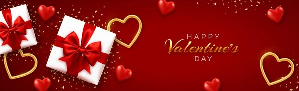 Gelukkige Valentijnsdag Spandoek Sjabloon Realistische Geschenkdozen Met Rode Strik Hartvormige — Stockvector