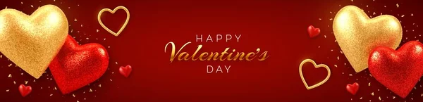 Valentines Day Sale Banner Header Website Сяючі Реалістичні Червоні Золоті — стоковий вектор