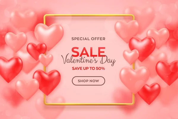 Glædelig Valentinsdag Valentines Dag Salg Banner Med Røde Lyserøde Balloner – Stock-vektor